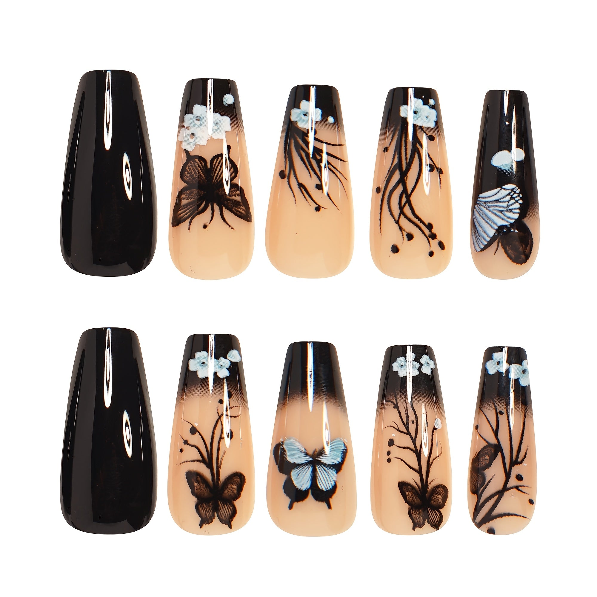 Show Your Beauty 24pcs Medium Ballet Nails Classic Retro Black Gradient Trees Flowers Butterflies Glossy French False Nails Fashionable and Versatile Wearable Nails Suitable for Women and Girls Daily Wear Removable Press-on N